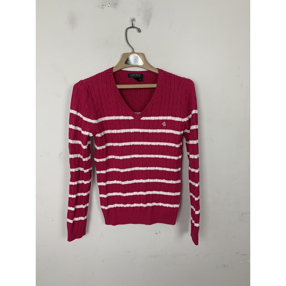 LRL Ralph Lauren Girl Sweater Medium Pink Cable Knit Preppy Tennis Nautical